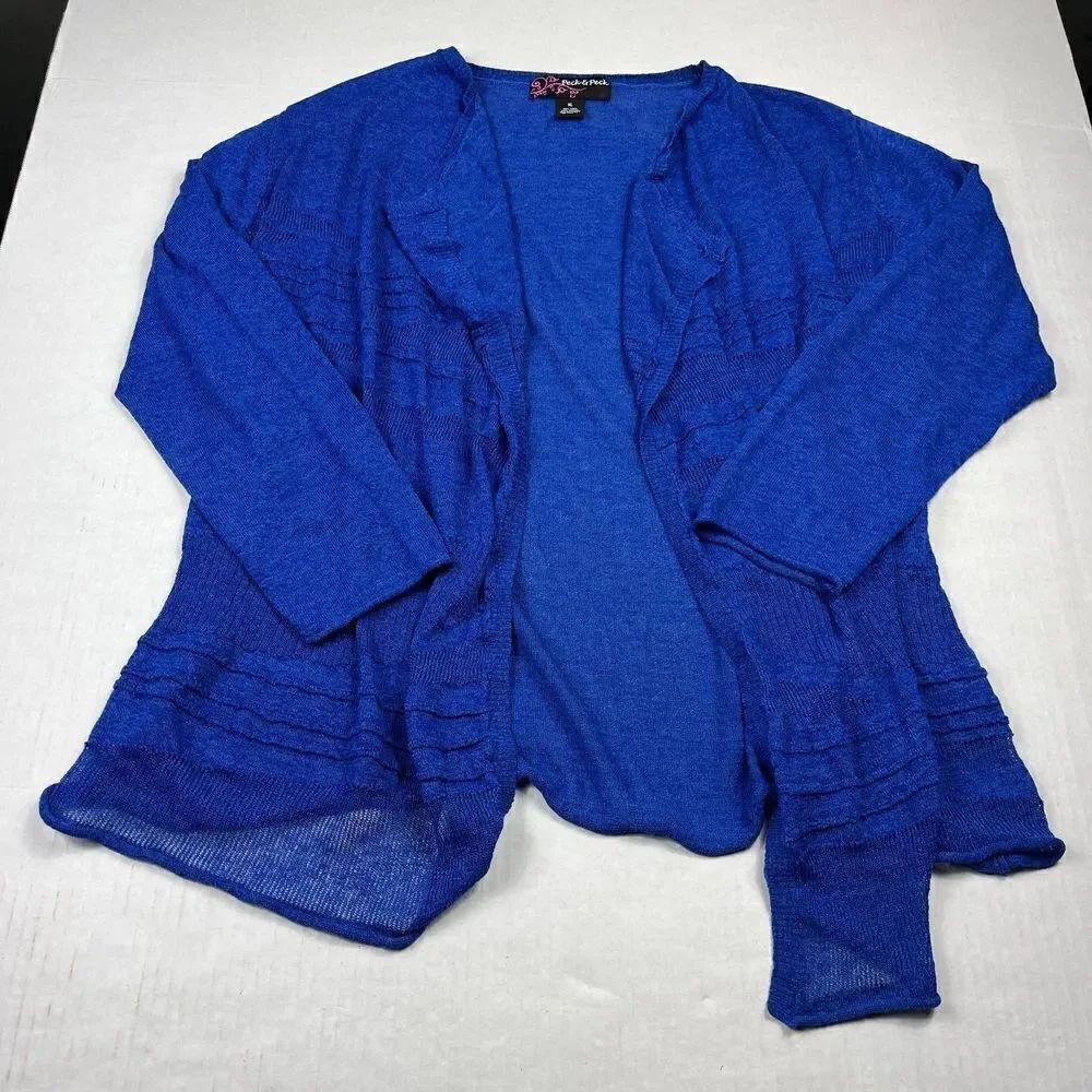 Peck & Peck Linen Blend Cardigan Blue Draped Open Front Long Sleeve Sweater XL